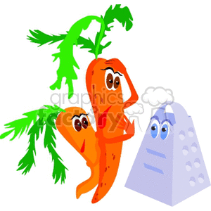 Clipart image featuring two cartoon carrots with facial expressions and green tops, interacting with an animated cheese grater.