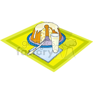 Clipart image of a bundt cake with icing on a plate, accompanied by a glass and a knife on a napkin.