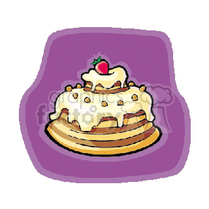 Clipart illustration of a layered cake with white icing and a strawberry on top against a purple background.