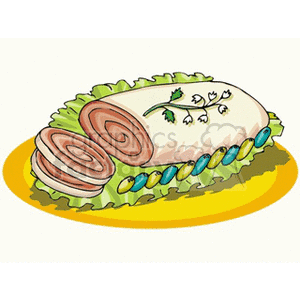 Illustration of a decorated roll cake with a floral design, displayed on a bed of lettuce and garnished with colorful beans.