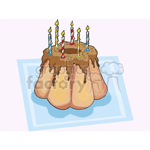 Clipart image of a cake with chocolate icing and lit candles on top.