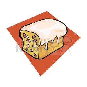 Clipart image of a loaf cake with icing and fruit pieces on an orange background.