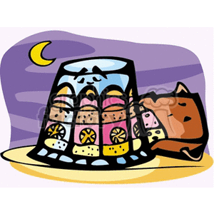 A whimsical clipart illustration of an artistic layered cake with various designs, set against a night sky background.