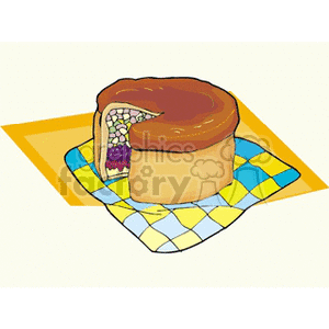 Clipart image of a round cake with a slice removed, revealing colorful layers inside, placed on a patterned cloth.