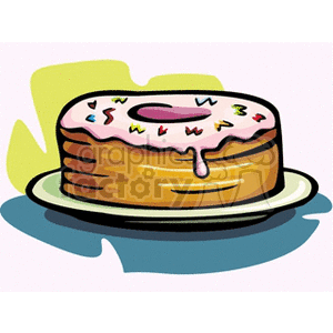 A colorful clipart image of a cake with pink icing and sprinkles on a plate.