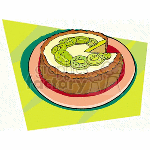 A cartoon-style image of a cheesecake with a slice cut out, topped with slices of green kiwi, placed on a colorful plate.