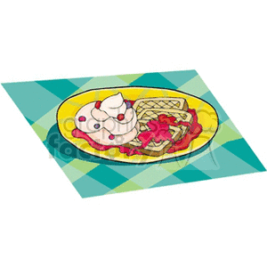 A clipart image of a dessert plate with waffles, whipped cream, and berry toppings on a checkered placemat.