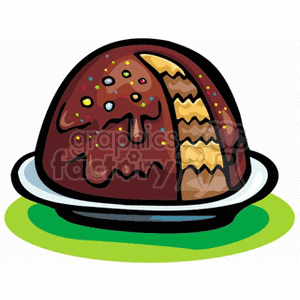 A cartoon-style clipart image of a chocolate dome cake with a slice cut out, topped with sprinkles, served on a plate.