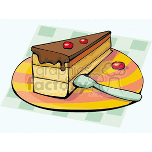 A slice of layered cake with chocolate topping and cherries on a colorful plate with a spoon.