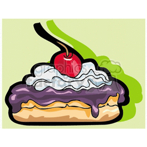 A clipart image of a dessert featuring a cake topped with whipped cream, purple icing, and a cherry.