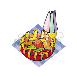 Clipart image of a fruit cake with colorful frosting tubes on a decorative tablecloth.