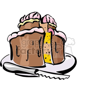 A clipart image of a cake with a piece cut out, topped with pink frosting, on a plate with a knife.