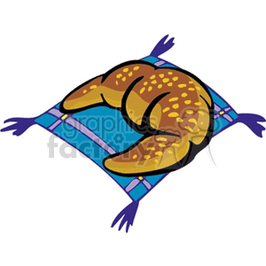 A clipart image of a crescent-shaped croissant placed on a blue and purple patterned pillow.