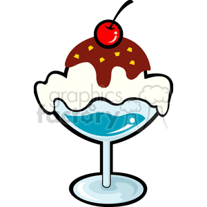 Clipart image of a sundae dessert in a glass dish, topped with chocolate sauce and a cherry.