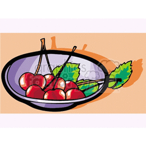 A bowl of cherries with green leaves in a colorful clipart style.