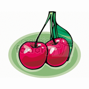 Illustration of two red cherries with green stems and leaves.