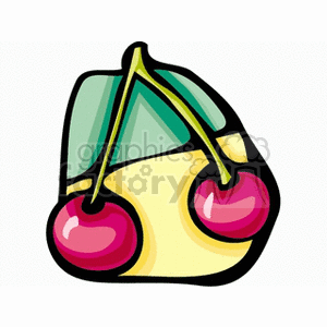 A colorful clipart image of two cherries with stems and leaves.