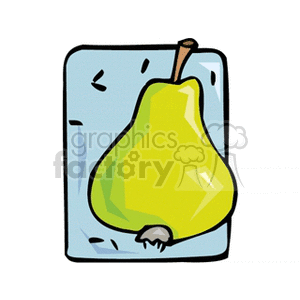 A clipart image of a green pear on a blue background.