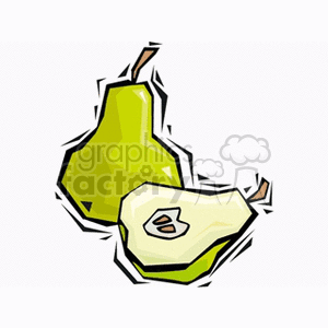 Colorful clipart of a whole pear and a sliced pear half.