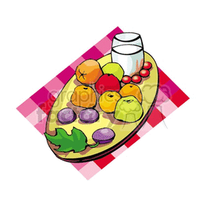 A colorful clipart image of a fruit tray with assorted fruits, including oranges, apples, grapes, pears, and glasses of milk on a checkered tablecloth.