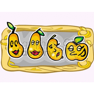 A clipart image of animated pears and an apple with various facial expressions, set on a decorative background.