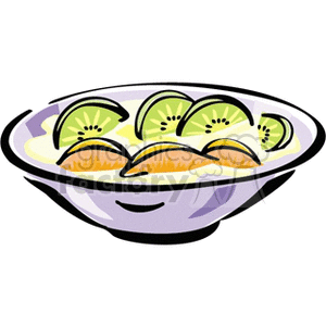 Clipart image of a bowl filled with sliced kiwis and other fruits, suitable for illustrating fruit salads or healthy meals.