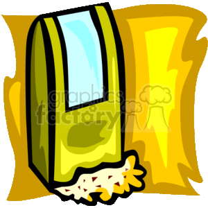 The image features a clipart-style illustration of a bag of popcorn. The bag appears to be partially open, with several pieces of popped popcorn spilling out of the bag onto the surface below it. The bag has yellow and green vertical stripes, suggesting it might be the kind typically found in a cinema or at a fair.