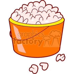 A clipart image of a bucket filled with popcorn with some pieces spilling out.