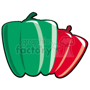 Clipart image of a green and red bell pepper, depicted with simple shapes and bright colors.