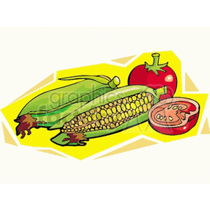 Clipart image of fresh vegetables including corn on the cob and tomatoes on a yellow background.
