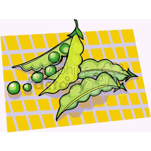 Clipart image of green pea pods, some opened to reveal peas, on a yellow tiled background.