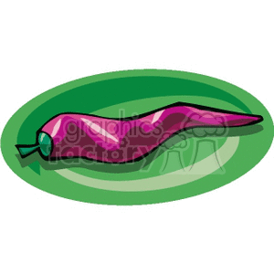 Clipart image of a purple chili pepper on a green oval background.