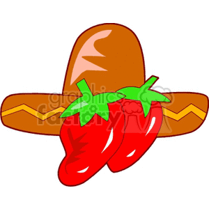 Clipart image of two red chillies and a brown sombrero.