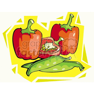 Colorful clipart image of two bell peppers, one sliced open to show seeds, and two pea pods against a yellow abstract background.