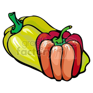 Colorful clipart image of two bell peppers, one yellow and one orange-red, lying next to each other.