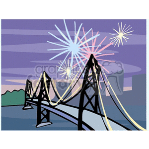 Clipart image of fireworks over a suspension bridge in a cityscape, symbolizing Independence Day celebrations in the USA.