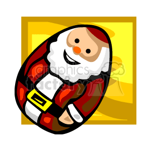 The clipart image shows a stylized, egg-shaped illustration of Santa Claus. Santa is depicted with a jolly expression, sporting his traditional red suit with white fur trim, a wide black belt with a yellow buckle, and a white beard. The background appears to be golden or yellow, suggesting a cheerful, festive atmosphere.