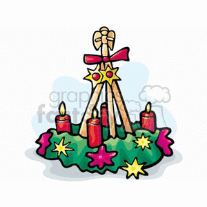 A festive clipart image featuring a Christmas wreath decorated with red candles, bows, and star-shaped ornaments.