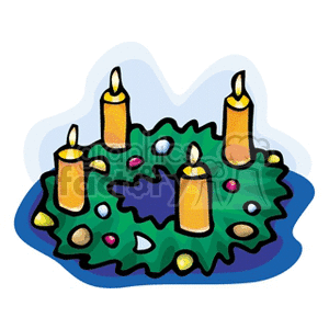 A festive clipart image of a Christmas wreath with four lit candles and colorful decorations.