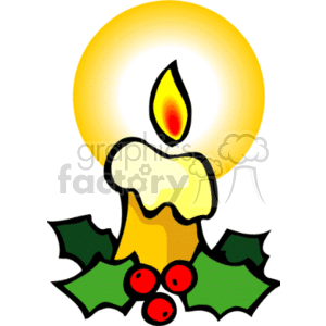 The clipart image depicts a single glowing candle with a yellow flame at the top, surrounded by a golden halo effect that signifies its glow. The candle appears to have molten wax dripping down its side. Below the candle, there are green holly leaves with three red holly berries, commonly associated with Christmas decorations.