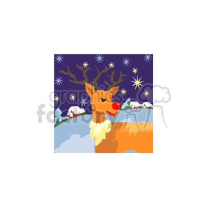 A Christmas-themed clipart image featuring a red-nosed reindeer, likely Rudolph, in a snowy winter town setting, with stars in the night sky.