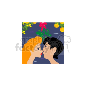 Clipart of a man and woman about to kiss under mistletoe surrounded by festive decorations.