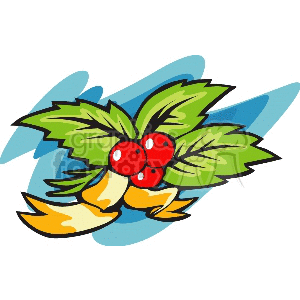 Clipart image of three red berries with green leaves and a yellow ribbon, set against a stylized blue background. Perfect for Christmas or holiday decorations.