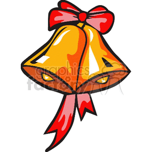 Clipart of two golden Christmas bells tied with a red bow and ribbon.