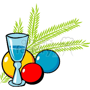 A festive clipart image featuring colorful Christmas bulbs, a glass, and evergreen branches, symbolizing holiday decorations.