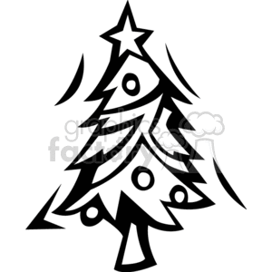 Black and white clipart of a Christmas tree with a star on top and circular decorations.