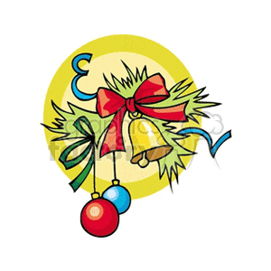 Festive Christmas clipart featuring a yellow bell, red and blue ornaments, and a red bow with greenery.