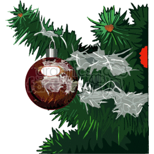 The clipart image shows a red Christmas ornament hanging from a green Christmas tree branch. The tree has details like pine needles and a couple of orange-red berries. The ornament is glossy with reflected light, suggesting a traditional glass bauble.