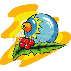 A festive clipart image featuring a blue Christmas ornament with a yellow accent, holly leaves, and red berries.