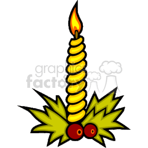 The clipart image depicts a spiral Christmas candle with a lit flame at the top. The candle is decorated with green holly leaves and two red berries at the base, a common decoration motif during the Christmas season.